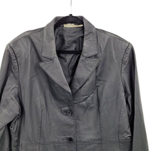 Vintage 80s Newport News Leather Coat Blazer Notched Collar Button Down Black 18 - Picture 7 of 15